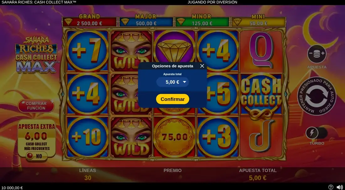 Cuadrícula del juego base de Sahara Riches Cash Collect Max en modo demo