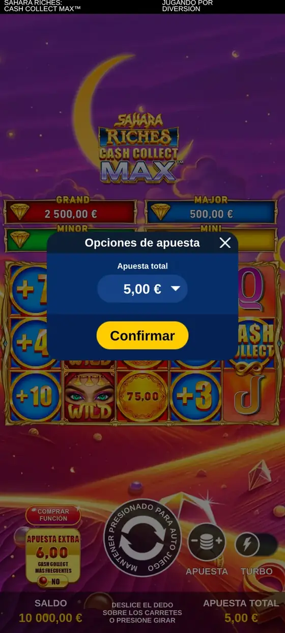 Sahara Riches Cash Collect Max en un teléfono en modo vertical