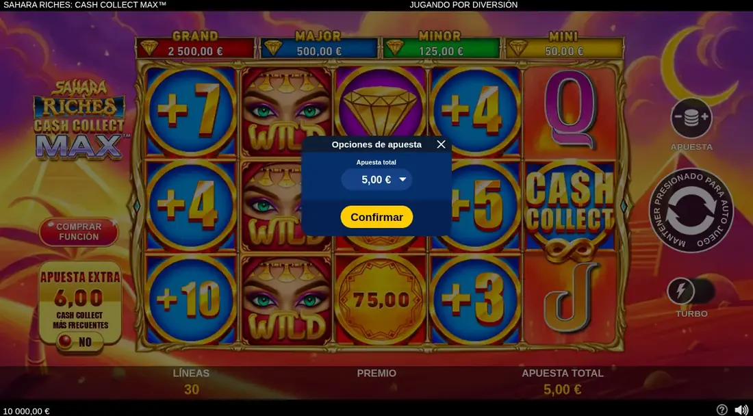 Un giro de Sahara Riches Cash Collect Max en la demo
